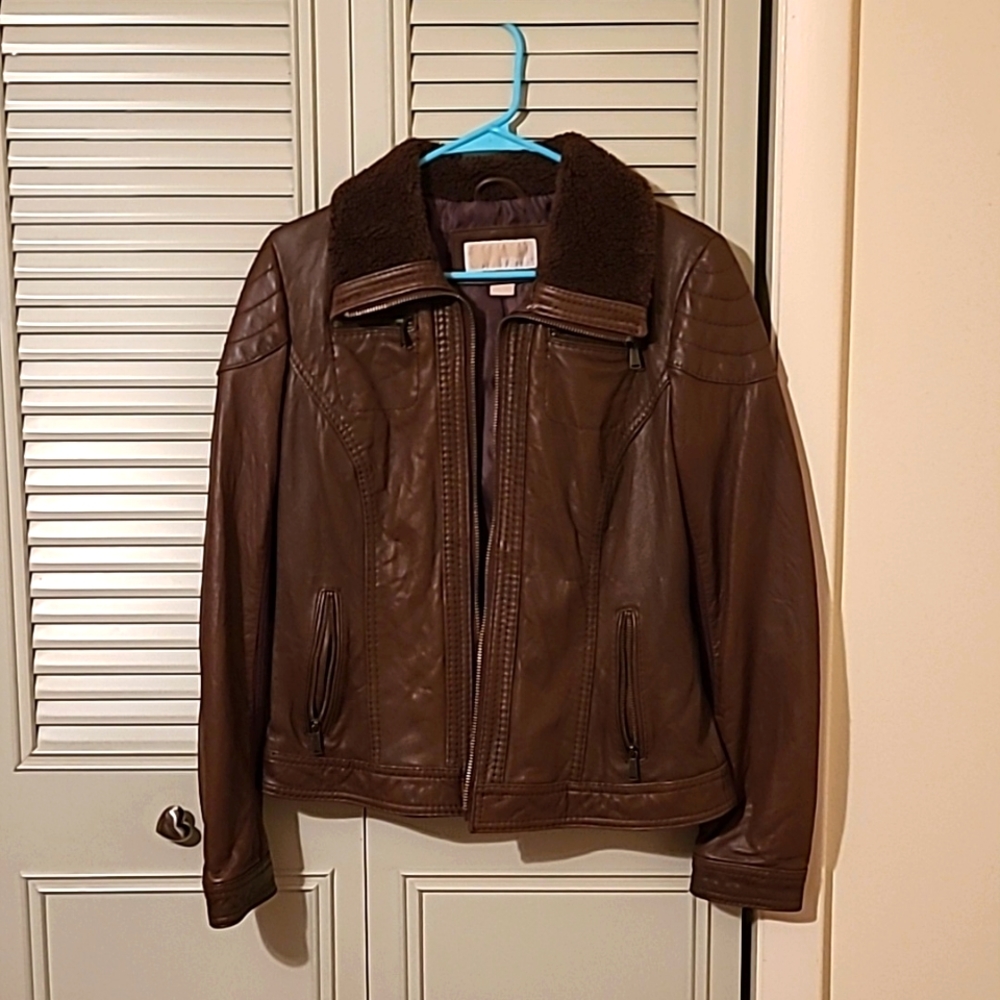 Brown leather Michael Kors zip-up jacket